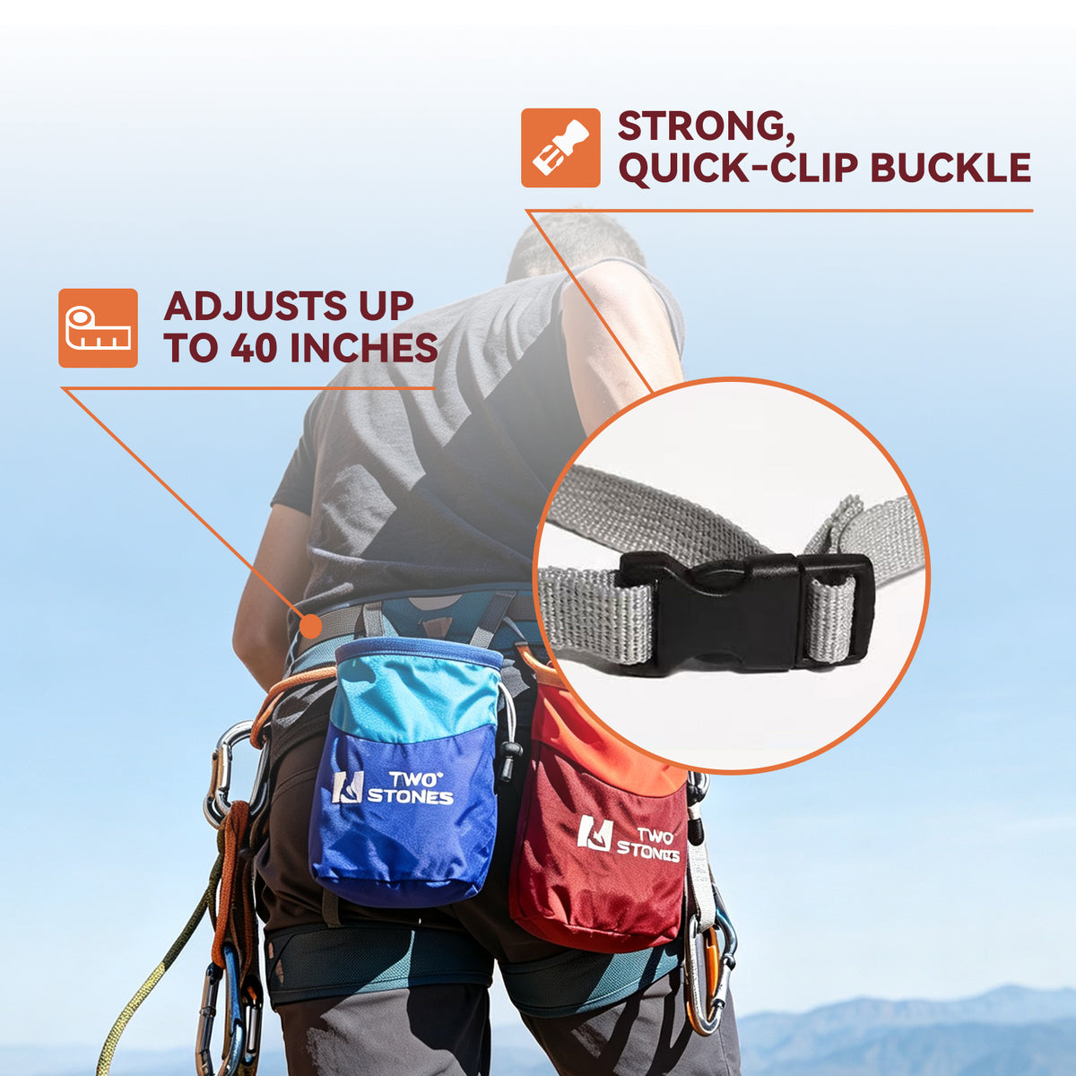 Climbing chalk bag with adjustable clip attached to a backpack for outdoor climbing