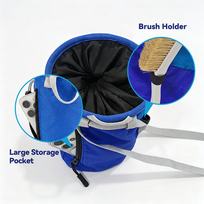 Climbing chalk bag featuring a large zippered pocket and dedicated brush holder