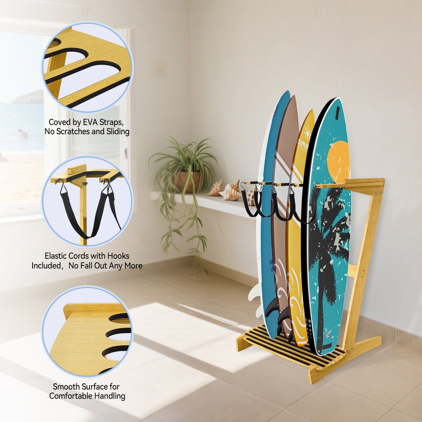 TWO STONES Vertical Surfboard Rack | Surfboard Stand - Surf Rack of Free Wall Mount, Freestanding Surf Board Holder for Shortboard, Paddleboard, Snowboard, Skateboard, Ski and Wakeboard(4 Boards)