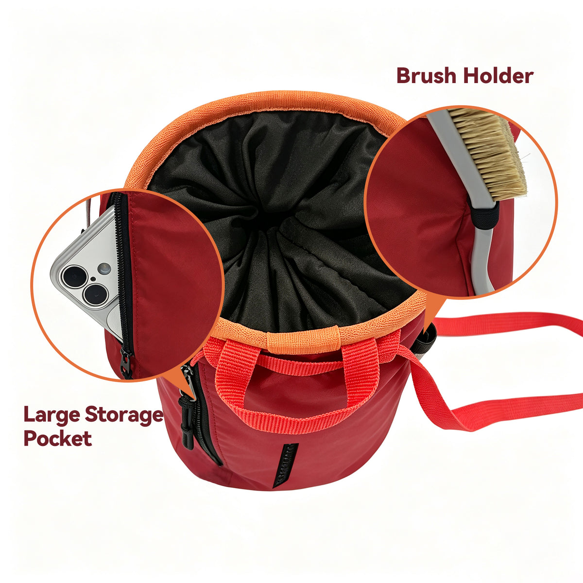 Climbing chalk bag featuring a large zippered pocket and dedicated brush holder
