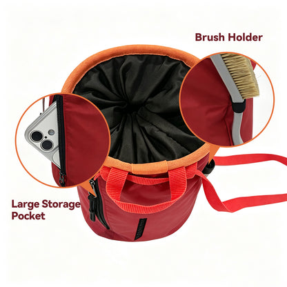 Climbing chalk bag featuring a large zippered pocket and dedicated brush holder