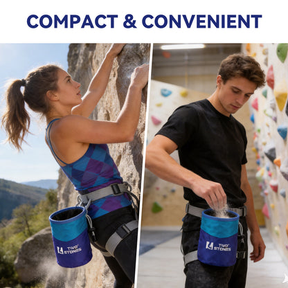 Climbers wearing compact chalk bags for indoor bouldering and outdoor climbing