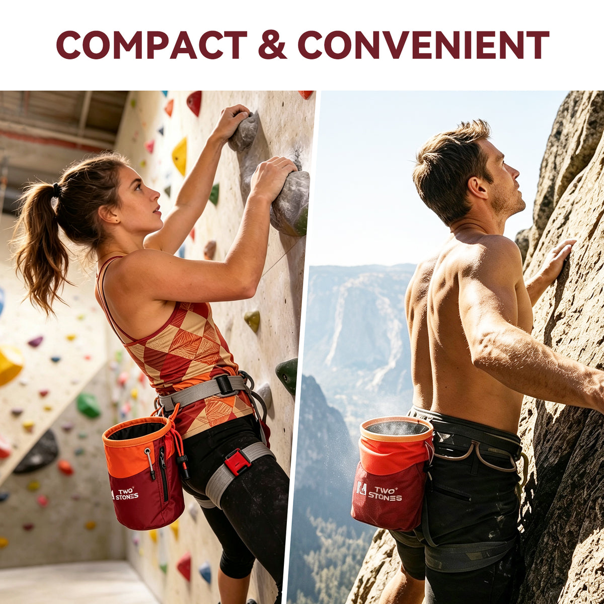 Climbers wearing compact chalk bags for indoor bouldering and outdoor climbing