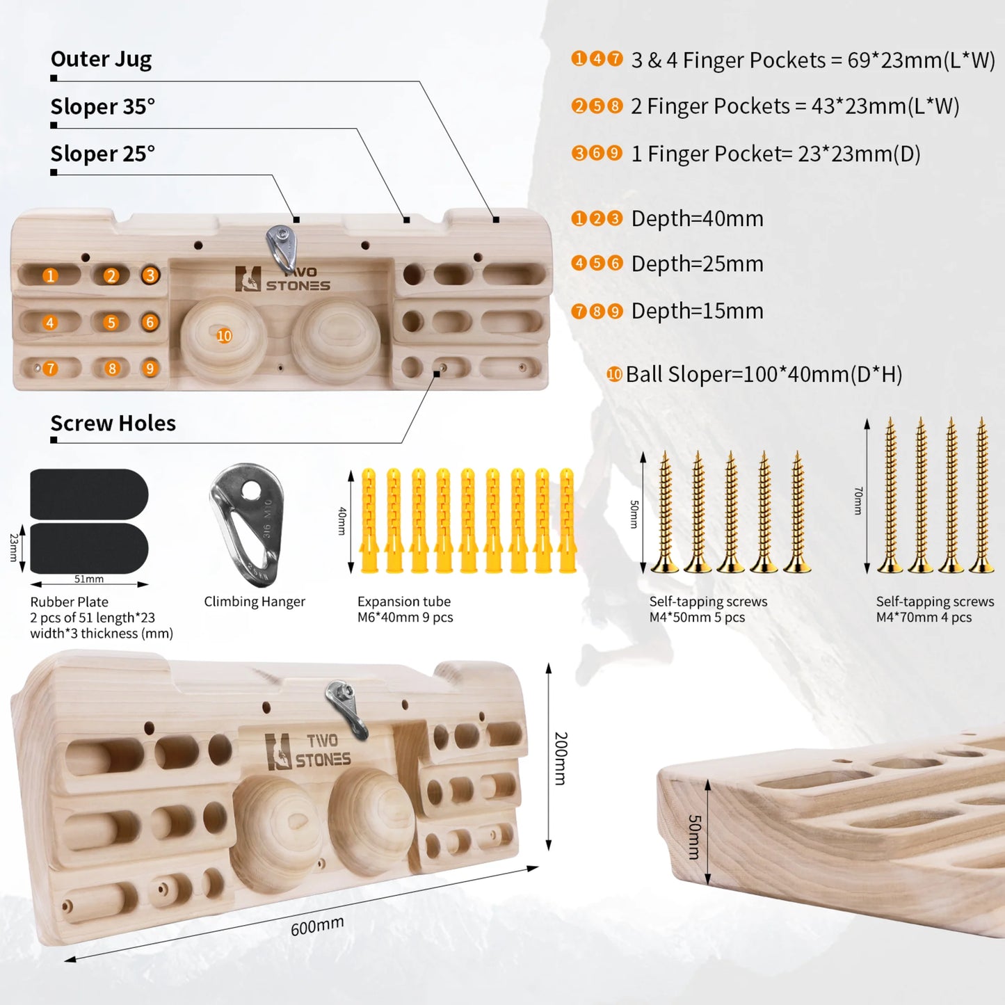 Wood climbing hangboard measurement diagram showing detailed size specifications grip spacing and board dimensions for rock climbing training equipment