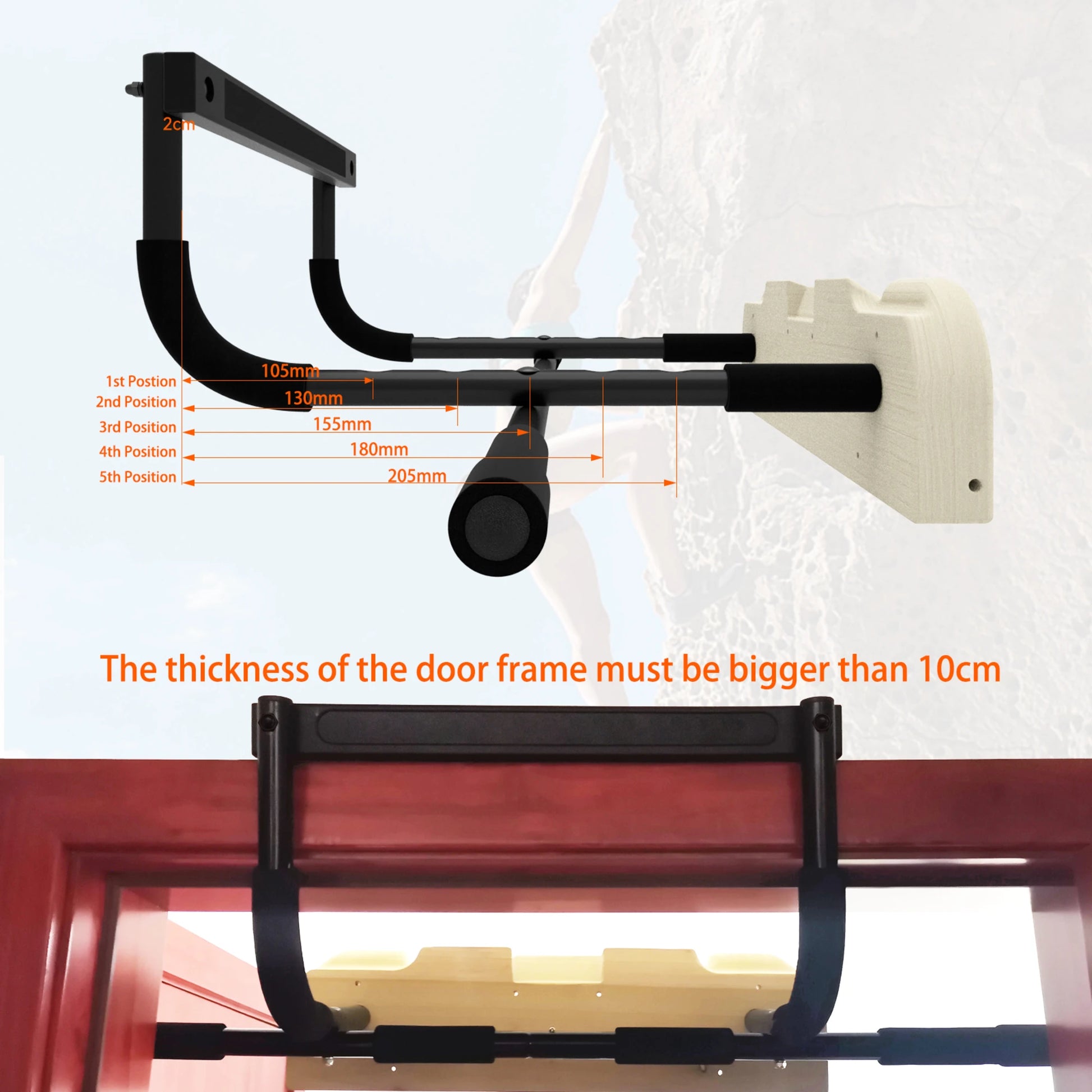 Wood climbing hangboard measurement diagram showing detailed size specifications grip spacing and board dimensions for rock climbing training equipment