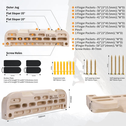 Wood climbing hangboard measurement diagram showing detailed size specifications grip spacing and board dimensions for rock climbing training equipment