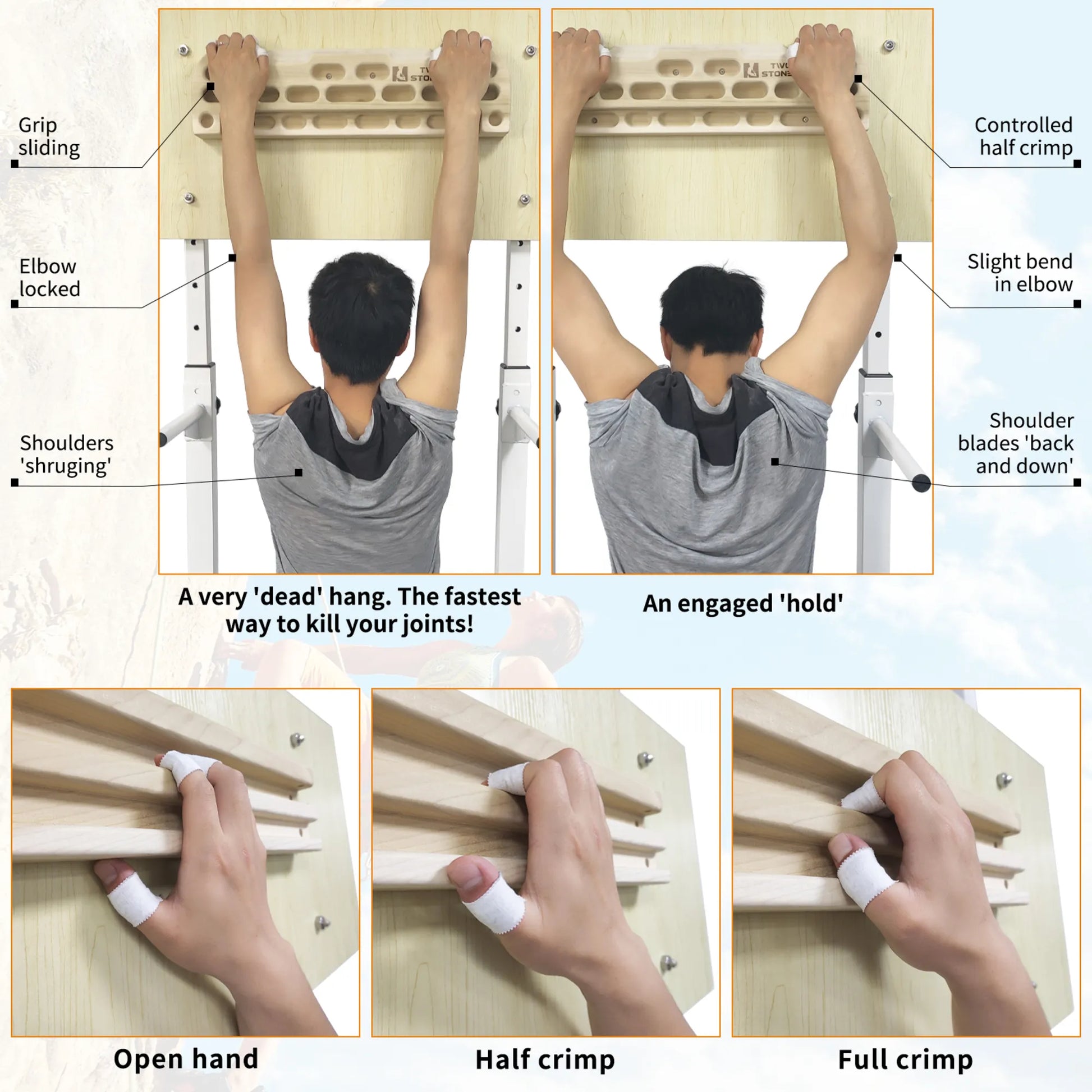Climber training at home using wooden fingerboard hangboard for grip strength and endurance