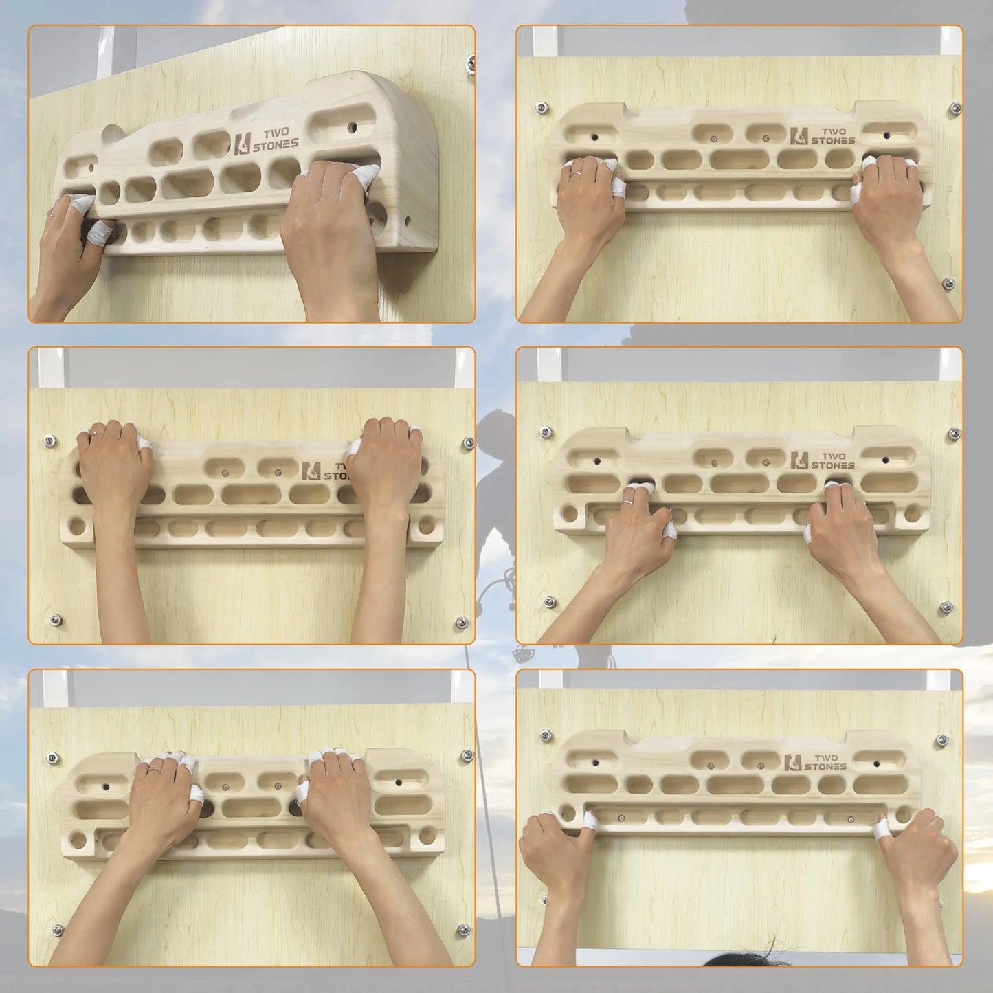 Climber training at home using wooden fingerboard hangboard for grip strength and endurance