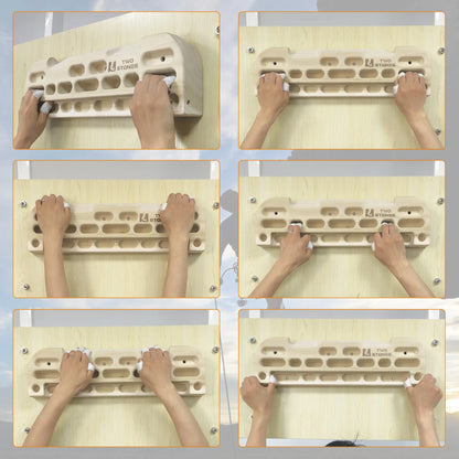 Climber training at home using wooden fingerboard hangboard for grip strength and endurance