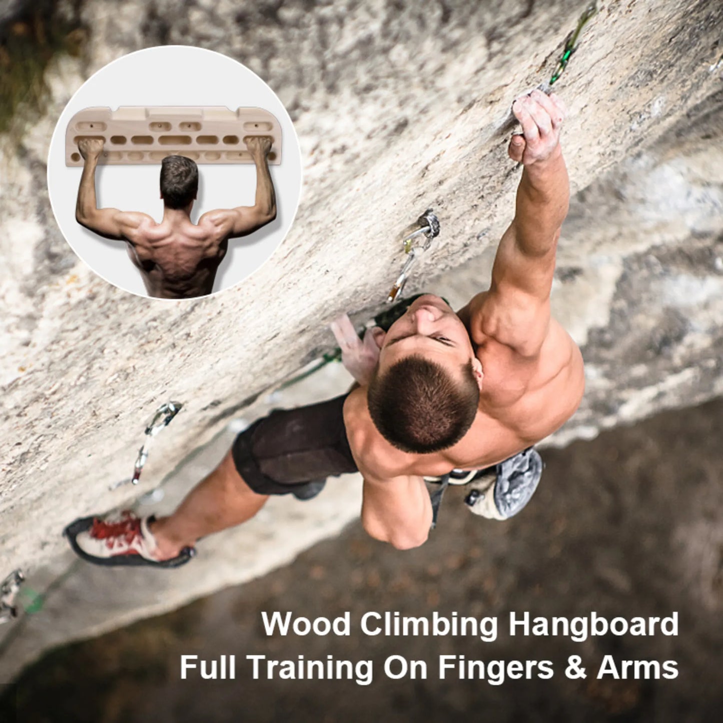 Climber training at home using wooden fingerboard hangboard for grip strength and endurance