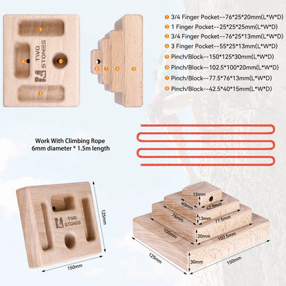 Wood climbing hangboard measurement diagram showing detailed size specifications grip spacing and board dimensions for rock climbing training equipment
